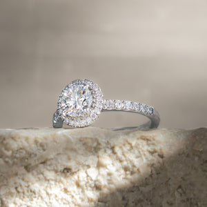View of the detailed band and under basket of the Belissima engagement ring.