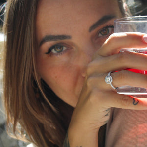 Model wearing the Belissima engagement ring, showcasing its classic beauty with a modern twist.