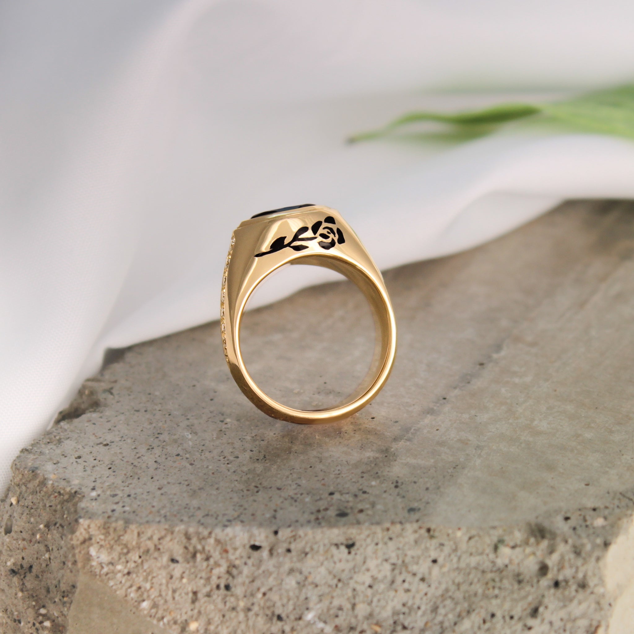 14k Yellow Gold ring with black enamel rose and accent diamonds."
