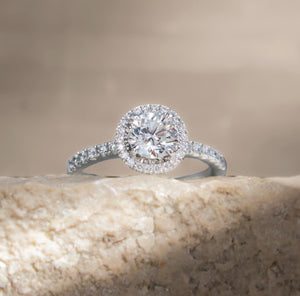 Platinum engagement ring with 1.01ct center diamond and 1.41ct total weight in diamonds.